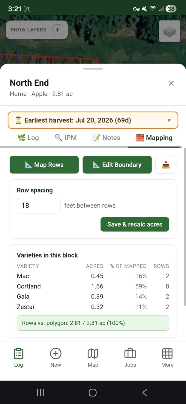 Block detail showing varieties with acres and row counts