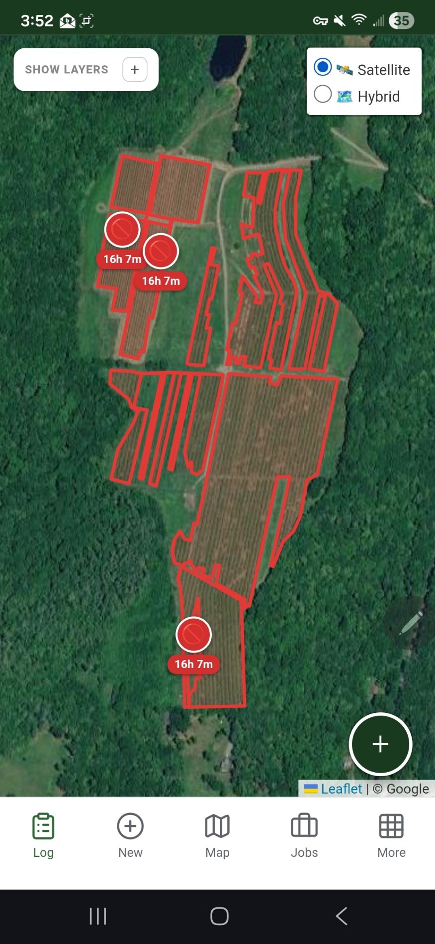 Whole-orchard satellite view with active REI countdowns on each restricted block